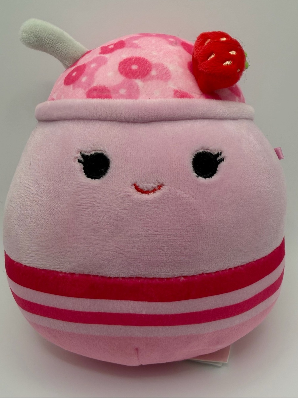 Squishmallows Strawberry Milkshake Pink White Striped Plush Strawberry 6”
